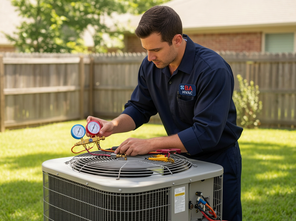 BA HVAC technician servicing a residential air conditioner